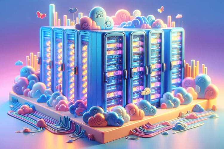 Coloridos bastidores de servidores en un entorno de granja de servidores caprichoso, que brillan en tonos de azul y morado.