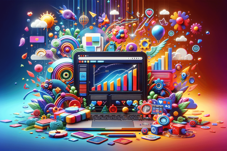 Escena animada en 3D con un estilo colorido, mostrando elementos de marketing digital como un portátil con una página de aterrizaje y gráficos de crecimiento." Título: "El mundo digital en colores vibrantes.