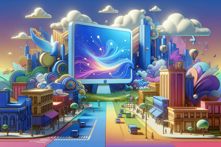 Escena colorida en 3D de una ciudad digital con un gran ordenador, destacando en tonos azules y morados