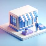 Imagen en 3D que representa la transformación de un negocio tradicional a una tienda online, con tonos de azul y morado.