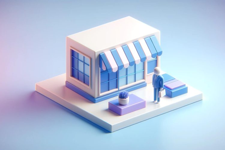 Imagen en 3D que representa la transformación de un negocio tradicional a una tienda online, con tonos de azul y morado.
